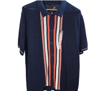 J. Ferrar‎ Mens Knit Polo Shirt Navy Paprika Striped Mesh Button Down Large NEW